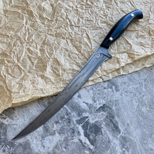 Кухонный булатный нож Рыбный (фултанг, черная микарта)